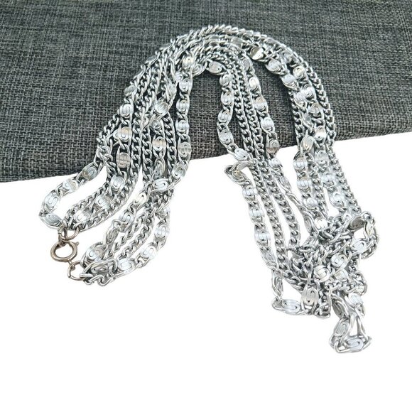 Vintage Silver Tone Multi Strand Scroll & Curb Link Chain Necklace - Picture 6 of 9